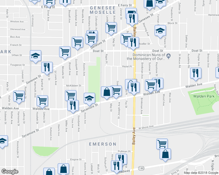 map of restaurants, bars, coffee shops, grocery stores, and more near 202 May Street in Buffalo