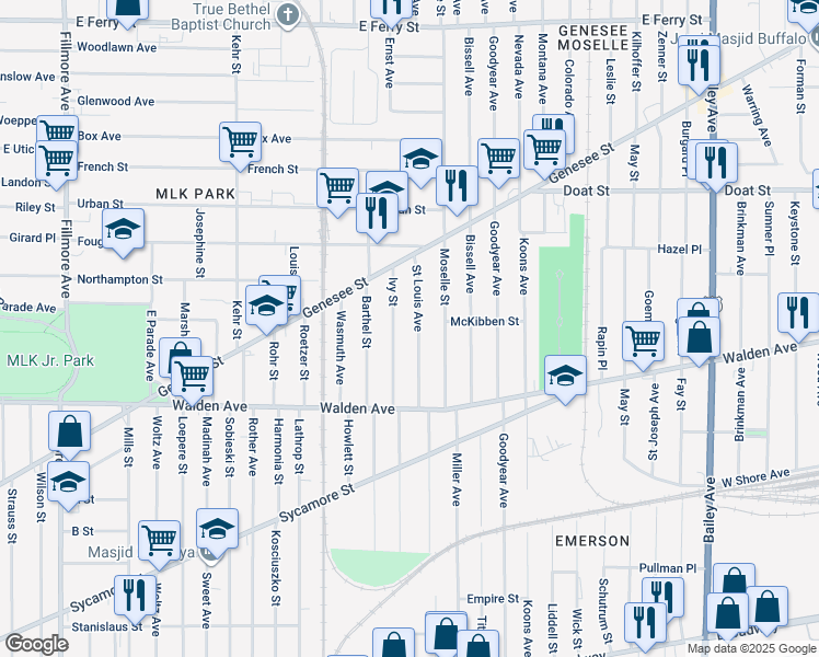 map of restaurants, bars, coffee shops, grocery stores, and more near 89 Saint Louis Avenue in Buffalo