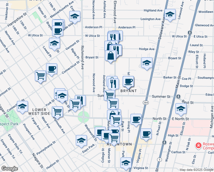 map of restaurants, bars, coffee shops, grocery stores, and more near 42 Ashland Avenue in Buffalo