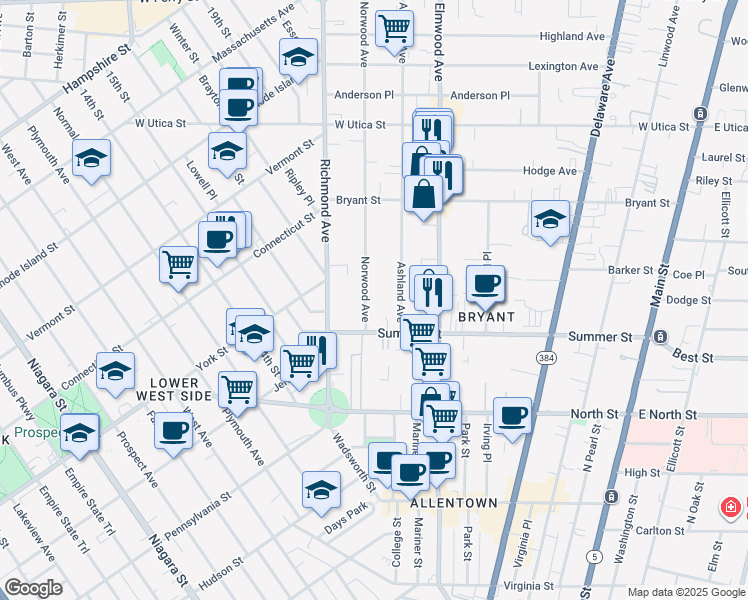 map of restaurants, bars, coffee shops, grocery stores, and more near 46 Norwood Avenue in Buffalo