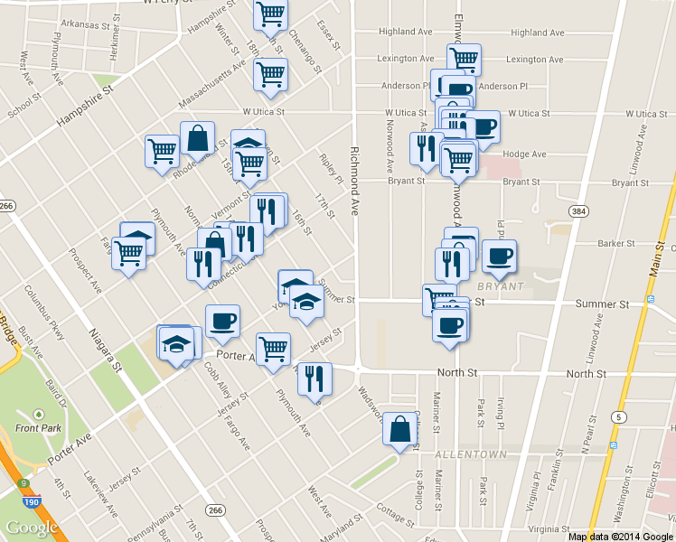 map of restaurants, bars, coffee shops, grocery stores, and more near 178 York Street in Buffalo