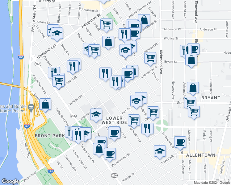 map of restaurants, bars, coffee shops, grocery stores, and more near 356 Connecticut Street in Buffalo