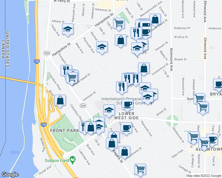 map of restaurants, bars, coffee shops, grocery stores, and more near 527 West Avenue in Buffalo