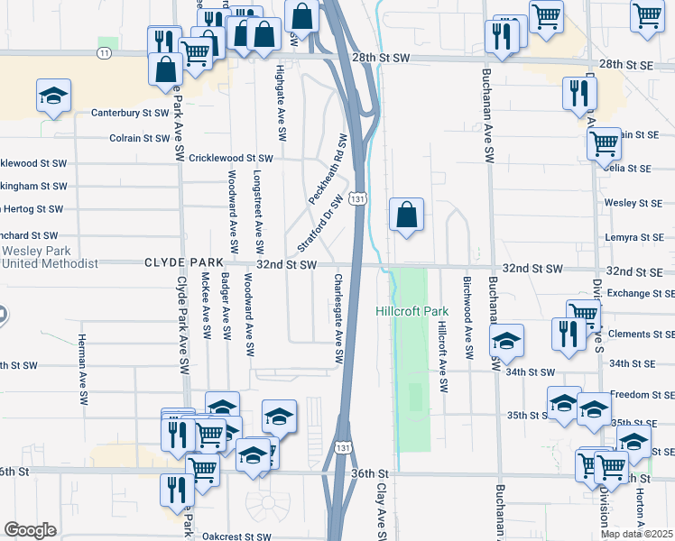 map of restaurants, bars, coffee shops, grocery stores, and more near 540 32nd Street Southwest in Wyoming