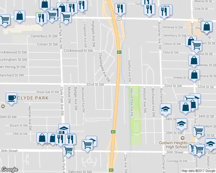map of restaurants, bars, coffee shops, grocery stores, and more near 540 32nd Street Southwest in Wyoming