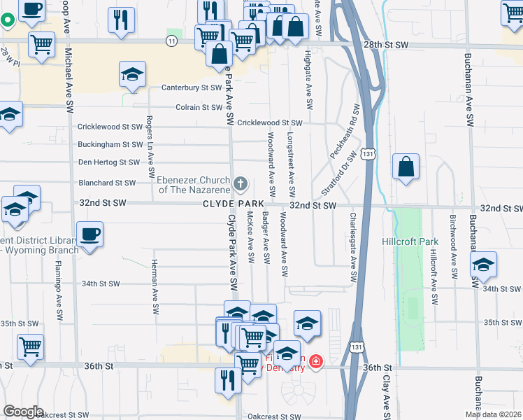 map of restaurants, bars, coffee shops, grocery stores, and more near 3208 Badger Avenue Southwest in Wyoming