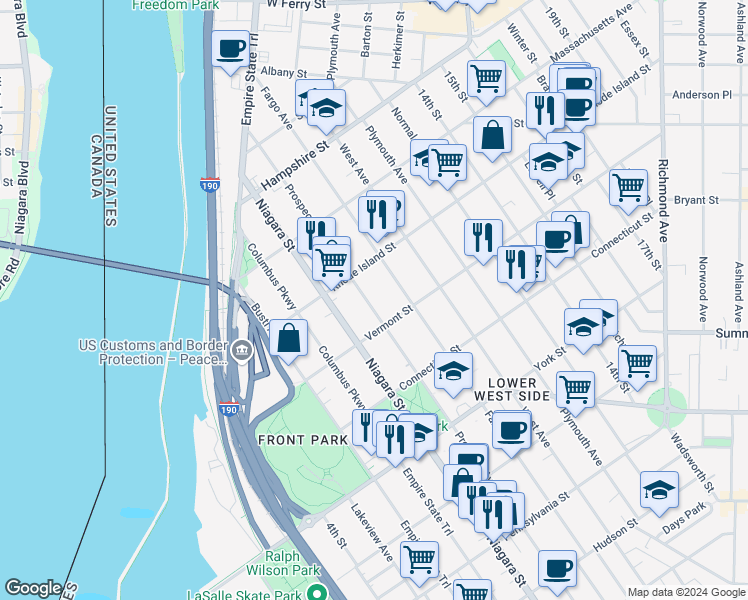 map of restaurants, bars, coffee shops, grocery stores, and more near 703 Prospect Avenue in Buffalo