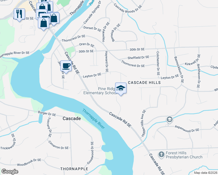 map of restaurants, bars, coffee shops, grocery stores, and more near 3210 Hayward Drive Southeast in Grand Rapids