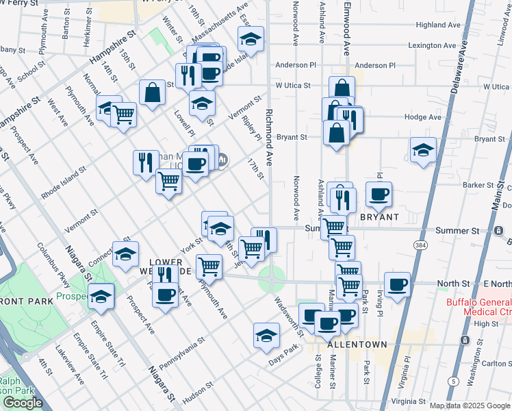 map of restaurants, bars, coffee shops, grocery stores, and more near 178 York Street in Buffalo