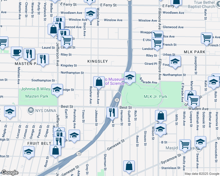map of restaurants, bars, coffee shops, grocery stores, and more near 204 Dodge Street in Buffalo