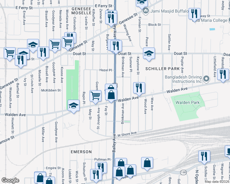 map of restaurants, bars, coffee shops, grocery stores, and more near Bailey Avenue in Buffalo