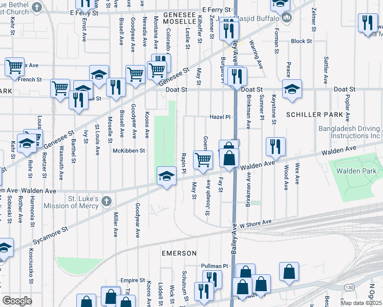 map of restaurants, bars, coffee shops, grocery stores, and more near 196 May Street in Buffalo