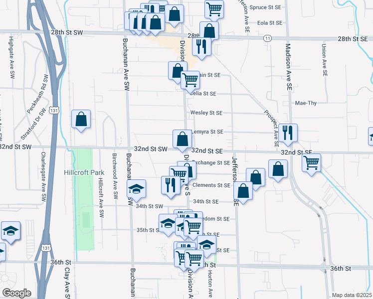 map of restaurants, bars, coffee shops, grocery stores, and more near 2 32nd Street Southeast in Grand Rapids