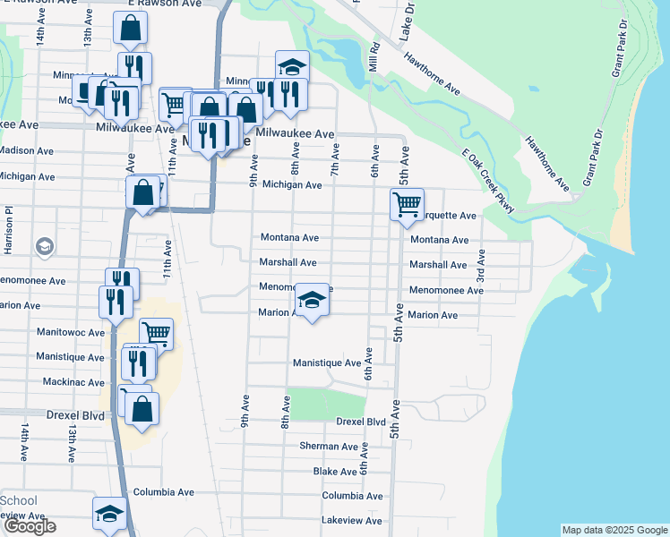 map of restaurants, bars, coffee shops, grocery stores, and more near 629 Marshall Avenue in South Milwaukee
