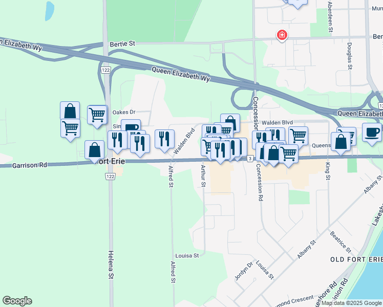 map of restaurants, bars, coffee shops, grocery stores, and more near 484 Garrison Road in Fort Erie