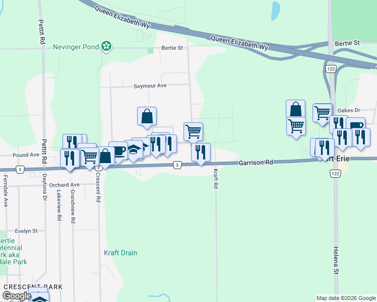 map of restaurants, bars, coffee shops, grocery stores, and more near 1085 Spears Road in Fort Erie