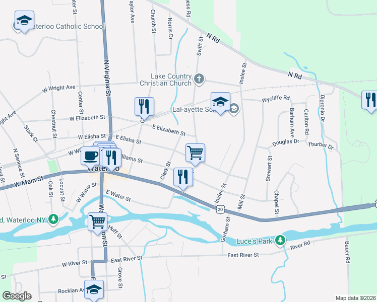 map of restaurants, bars, coffee shops, grocery stores, and more near 141 East Elisha Street in Waterloo