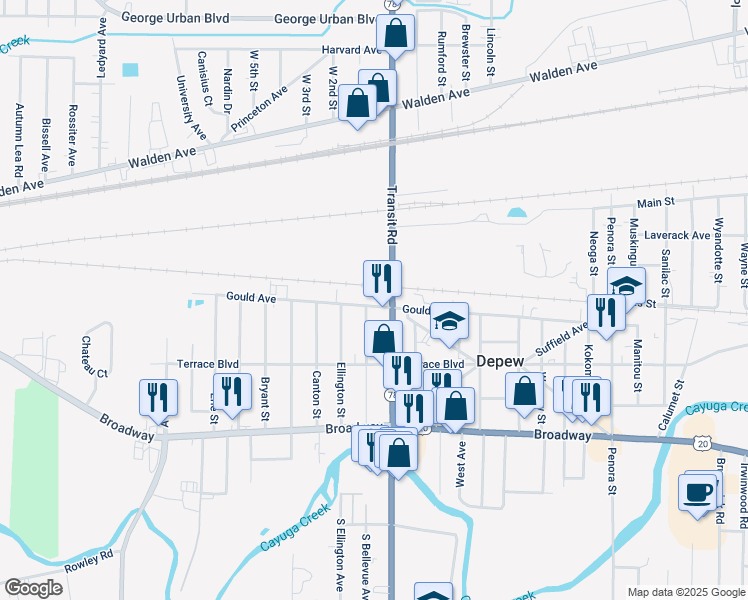 map of restaurants, bars, coffee shops, grocery stores, and more near 276 Gould Avenue in Depew