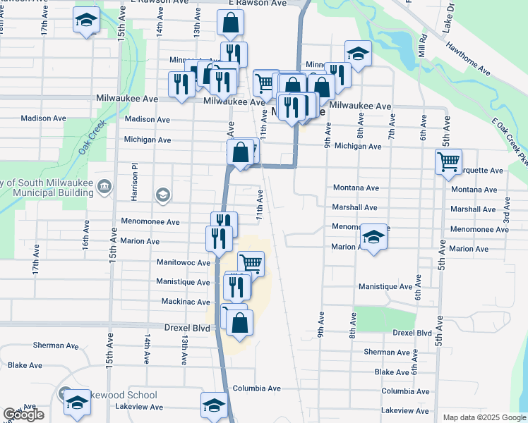 map of restaurants, bars, coffee shops, grocery stores, and more near 2501 11th Avenue in South Milwaukee