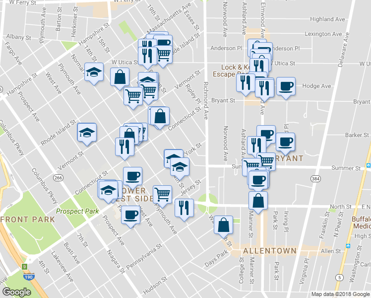 map of restaurants, bars, coffee shops, grocery stores, and more near 170 York Street in Buffalo