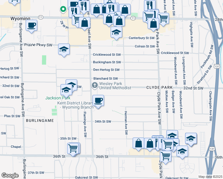 map of restaurants, bars, coffee shops, grocery stores, and more near 1048 32nd Street Southwest in Grand Rapids