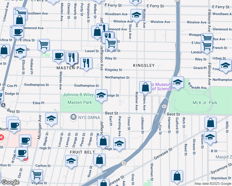 map of restaurants, bars, coffee shops, grocery stores, and more near 420 Dodge Street in Buffalo