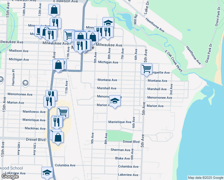 map of restaurants, bars, coffee shops, grocery stores, and more near 721 Marshall Avenue in South Milwaukee