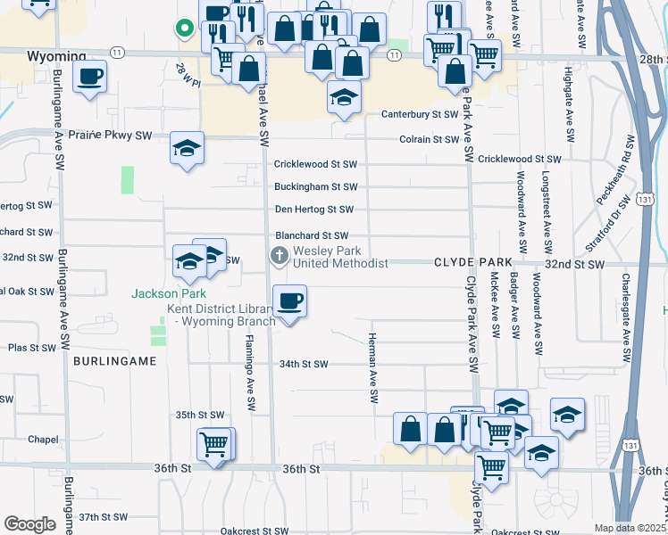 map of restaurants, bars, coffee shops, grocery stores, and more near 1048 32nd Street Southwest in Grand Rapids