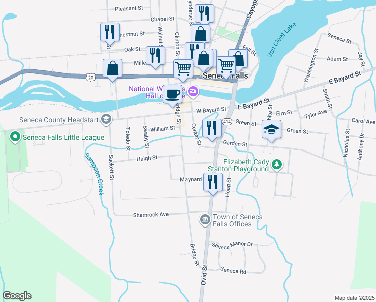 map of restaurants, bars, coffee shops, grocery stores, and more near 57 Bridge Street in Seneca Falls