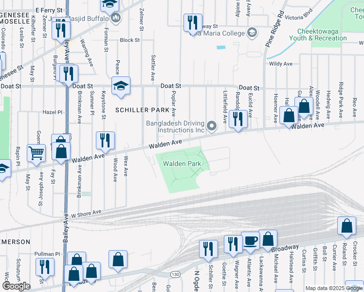 map of restaurants, bars, coffee shops, grocery stores, and more near 863 Walden Avenue in Buffalo