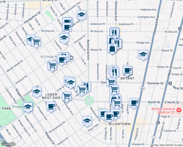 map of restaurants, bars, coffee shops, grocery stores, and more near 134 Richmond Avenue in Buffalo