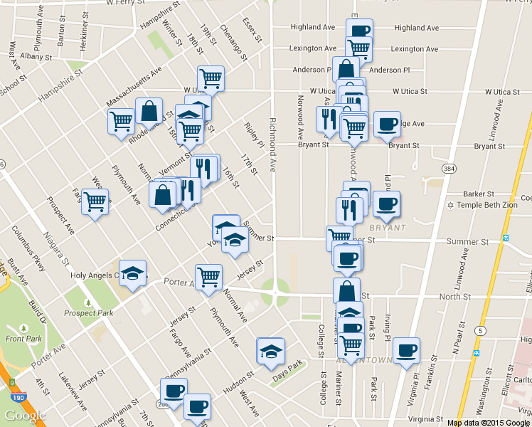 map of restaurants, bars, coffee shops, grocery stores, and more near 134 Richmond Avenue in Buffalo