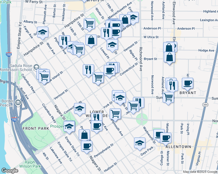 map of restaurants, bars, coffee shops, grocery stores, and more near 186 14th Street in Buffalo