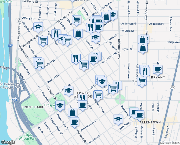 map of restaurants, bars, coffee shops, grocery stores, and more near 186 14th Street in Buffalo
