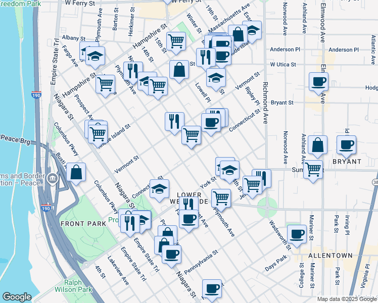 map of restaurants, bars, coffee shops, grocery stores, and more near 356 Connecticut Street in Buffalo