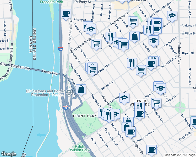 map of restaurants, bars, coffee shops, grocery stores, and more near 728 Prospect Avenue in Buffalo