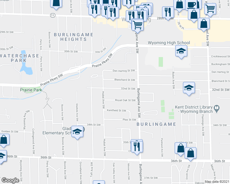 map of restaurants, bars, coffee shops, grocery stores, and more near 1730 32nd Street Southwest in Wyoming