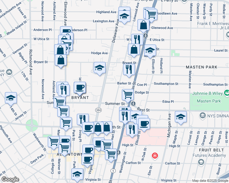 map of restaurants, bars, coffee shops, grocery stores, and more near 134 Linwood Avenue in Buffalo