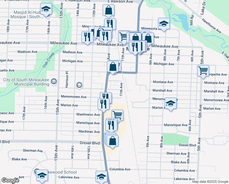 map of restaurants, bars, coffee shops, grocery stores, and more near 1113 Marshall Avenue in South Milwaukee