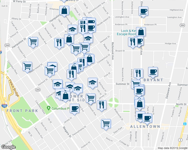 map of restaurants, bars, coffee shops, grocery stores, and more near 30 15th Street in Buffalo