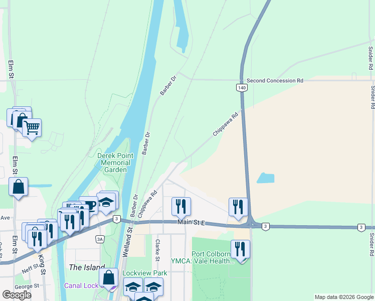 map of restaurants, bars, coffee shops, grocery stores, and more near 172 Chippawa Road in Port Colborne
