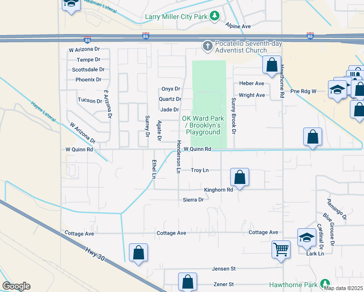 map of restaurants, bars, coffee shops, grocery stores, and more near 1561 Agate Drive in Pocatello