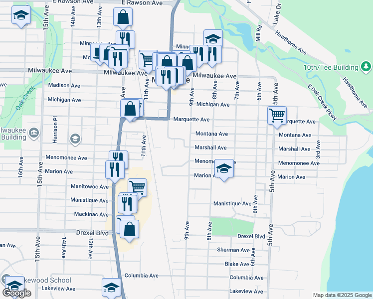 map of restaurants, bars, coffee shops, grocery stores, and more near 2500 9th Avenue in South Milwaukee