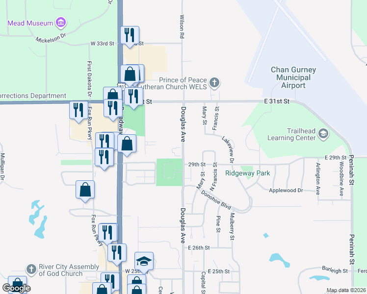 map of restaurants, bars, coffee shops, grocery stores, and more near 2904 Douglas Avenue in Yankton