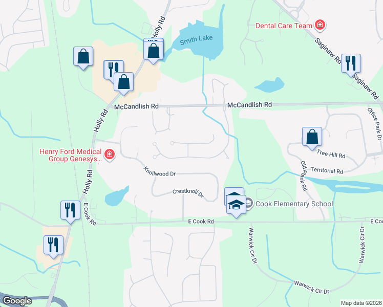 map of restaurants, bars, coffee shops, grocery stores, and more near 8366 Sherwood Drive in Grand Blanc