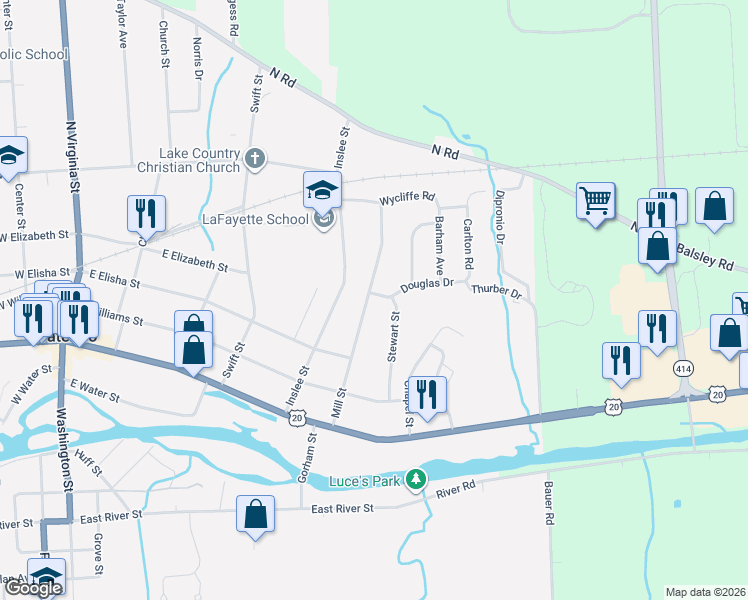 map of restaurants, bars, coffee shops, grocery stores, and more near 54 Mill Street in Waterloo