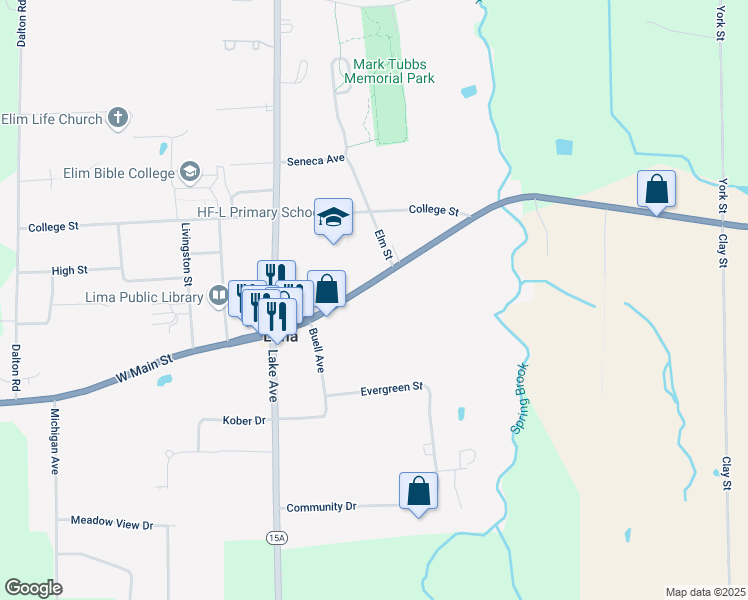 map of restaurants, bars, coffee shops, grocery stores, and more near 7378 East Main Street in Lima