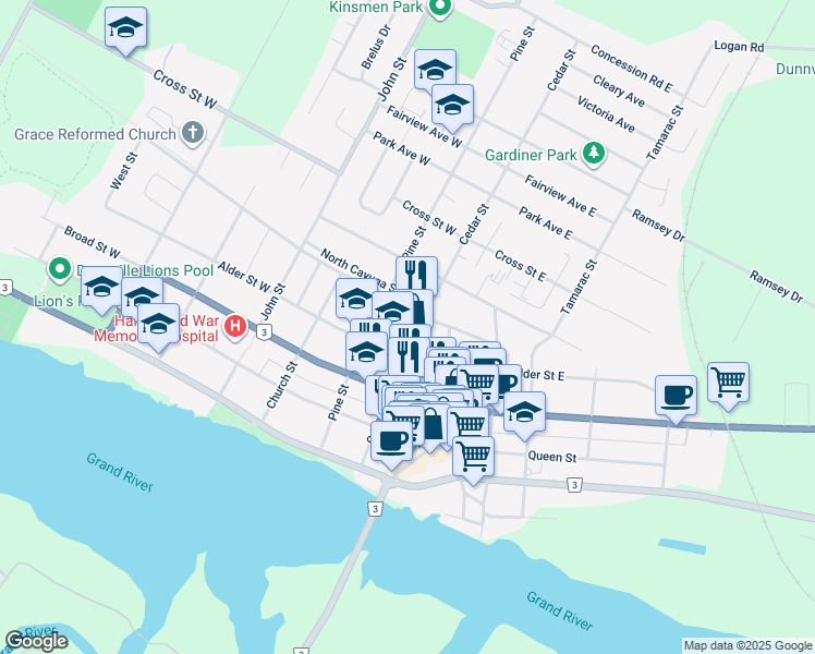 map of restaurants, bars, coffee shops, grocery stores, and more near 416 Cedar Street in Haldimand County