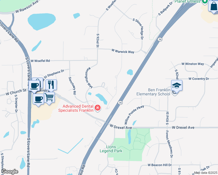 map of restaurants, bars, coffee shops, grocery stores, and more near 9080 Kensington Way in Franklin