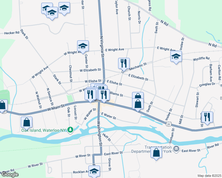 map of restaurants, bars, coffee shops, grocery stores, and more near 21 East Williams Street in Waterloo